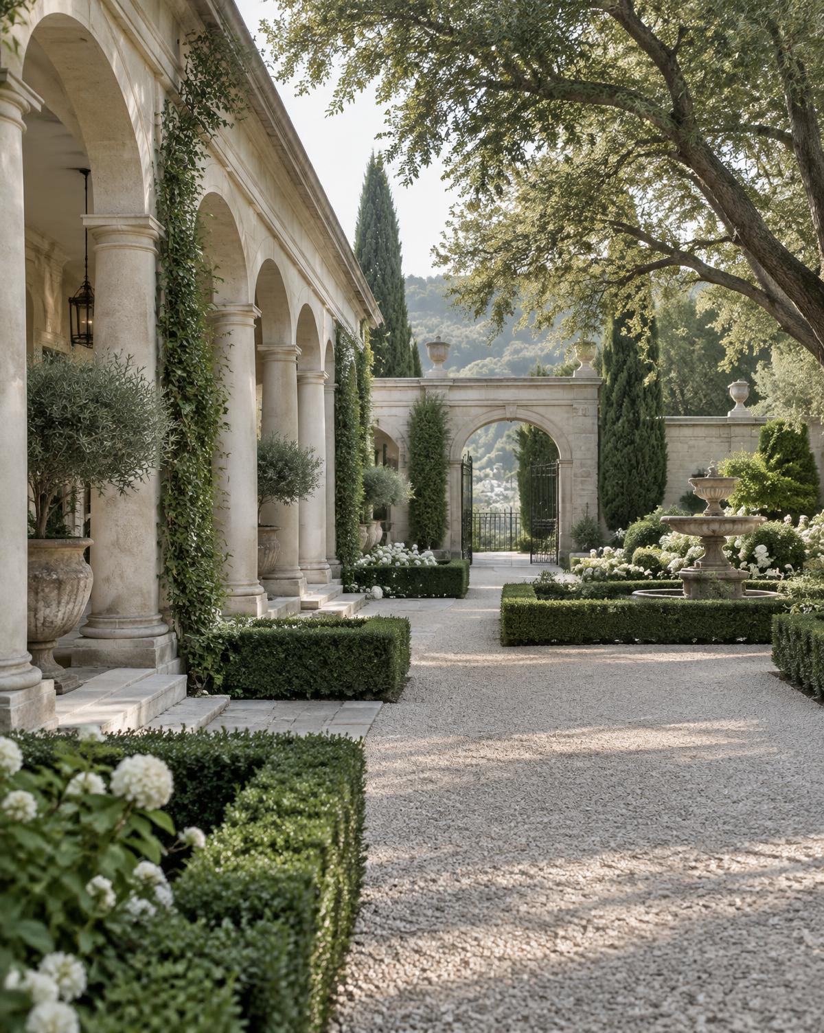 Landscaped courtyard framed by stone arches at an elegant wedding venue