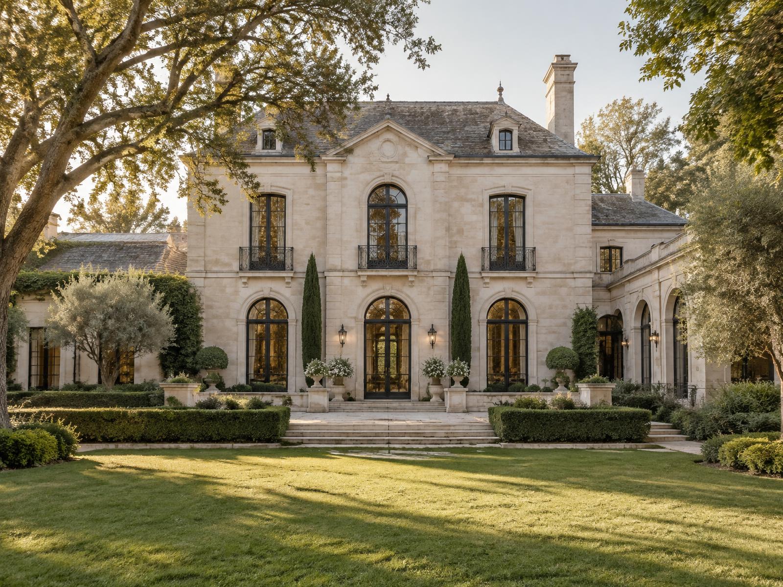 Elegant stone wedding venue with arched windows and a landscaped lawn