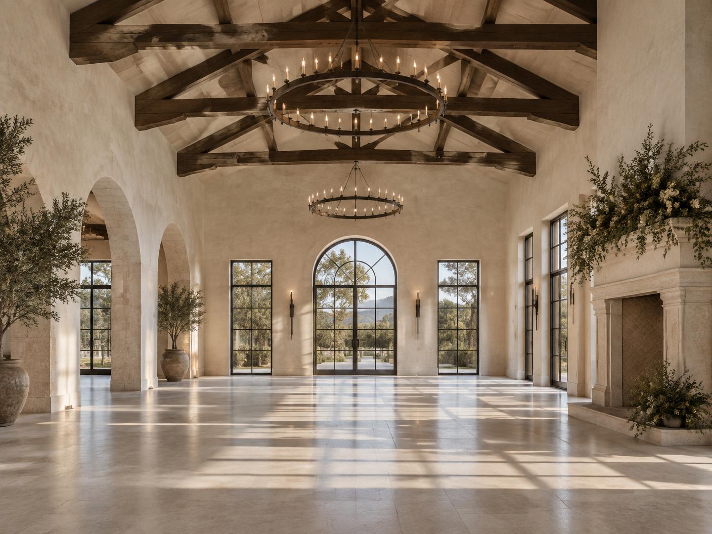 Light-filled wedding venue interior with timber beams and arched windows